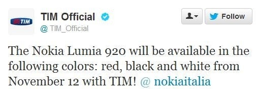 Italian carrier tweets Nokia Lumia 920 is coming November 12