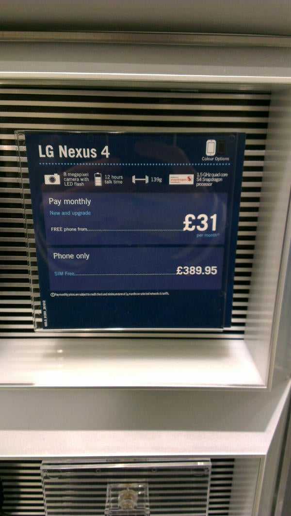 Pricing of the LG Nexus 4 in the U.K. - Carphone Warehouse promotional materials reveal LG Nexus 4 will have Android 4.1 on board