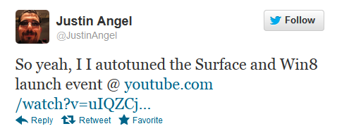 Tweet from Angel about the Auto-tuned video - Microsoft Surface product announcement is auto-tuned for laughs