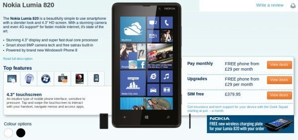 Pre-order the Nokia Lumia 820 from Carphone Warehouse - Pre-order the Nokia Lumia 820 in the U.K.; device is free with monthly plans costing £29 and up