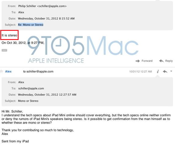 The back and forth emails that ended with Schiller's response - Amazon mistake: Apple iPad mini has stereo speakers