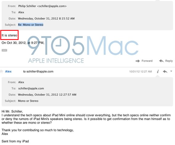 The back and forth emails that ended with Schiller&#039;s response - Amazon mistake: Apple iPad mini has stereo speakers