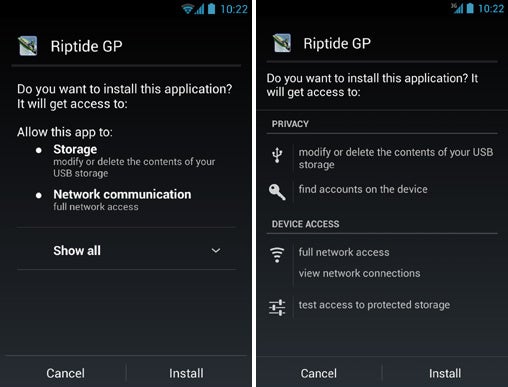 App permissions on Android 4.1 (left) and 4.2 (right) - Android 4.2 spreads security to third-party app stores: here is how