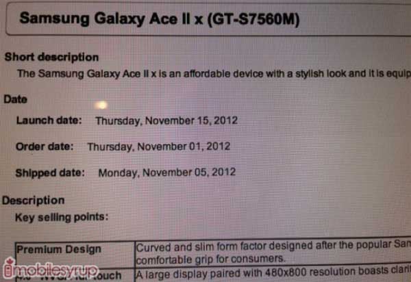 Leaked internal Bell document points to November 15th launch for the Samsung Galaxy Ace II - Samsung Galaxy Ace II coming to Canada&#039;s Bell on November 15th