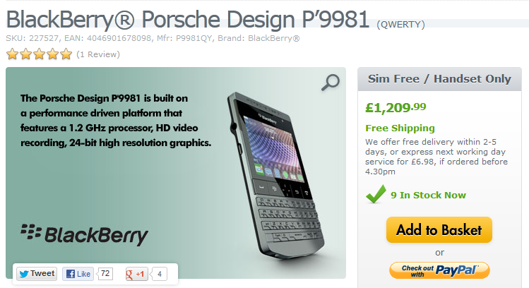 Expansys has 9 units to sell of the BlackBerry Porsche Design P'9981 - OS update for the BlackBerry Porsche Design P'9981; device in stock at Expansys