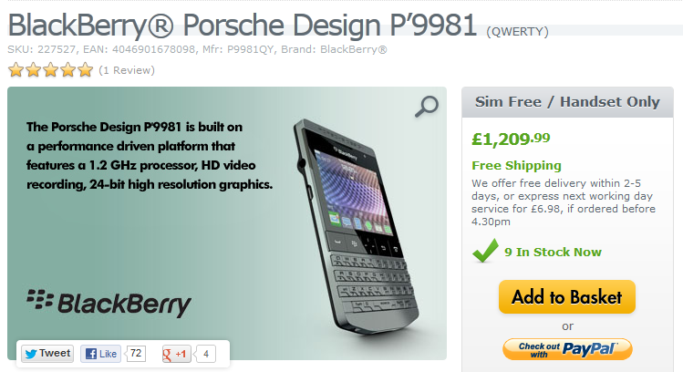 Expansys has 9 units to sell of the BlackBerry Porsche Design P&#039;9981 - OS update for the BlackBerry Porsche Design P&#039;9981; device in stock at Expansys