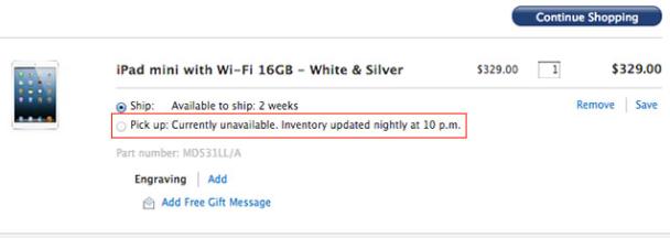 Order the Apple iPad mini online for next day pick up - Apple iPad mini can now be ordered for next-day pick up at the Apple Store