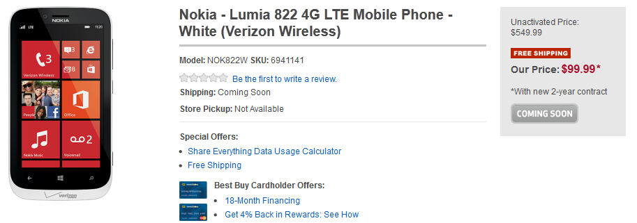 Best Buy pages live for Verizon&#039;s HTC 8X and Nokia Lumia 822 Windows Phone 8 models