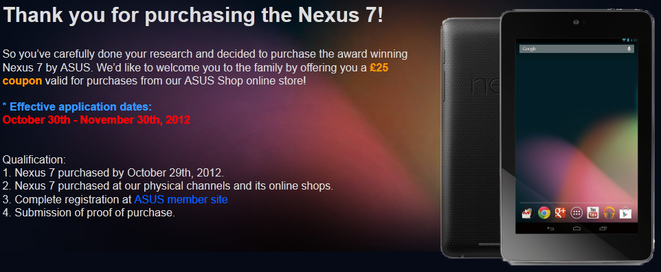 Asus is offering a voucher to certain buyers of the 16GB Google Nexus 7 - Buyers of 16GB Google Nexus 7 before price cut can score refund from Asus or Google