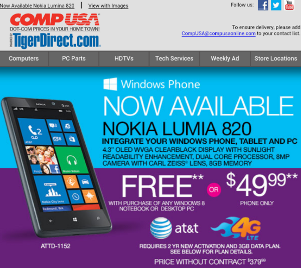 Get a free Nokia Lumia 820 with the purchase of a Windows 8 computer - Buy a Windows 8 PC or laptop and score a 'free' Nokia Lumia 820 from CompUSA