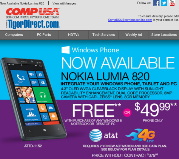 Get a free Nokia Lumia 820 with the purchase of a Windows 8 computer - Buy a Windows 8 PC or laptop and score a &#039;free&#039; Nokia Lumia 820 from CompUSA