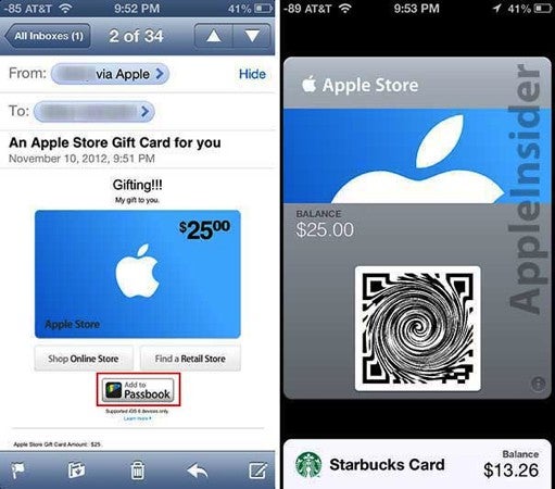 The Apple Store gift cards can be received via email (L) or stored in Passbook - Apple starts rolling out Passbook enabled Apple Store gift cards