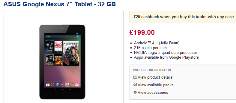 Currys discounts the 32GB Google Nexus 7 to those who buy a case - 32GB Google Nexus 7 available for £179.99 from U.K.'s high street retailers