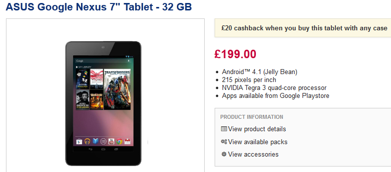 Currys discounts the 32GB Google Nexus 7 to those who buy a case - 32GB Google Nexus 7 available for £179.99 from U.K.&#039;s high street retailers