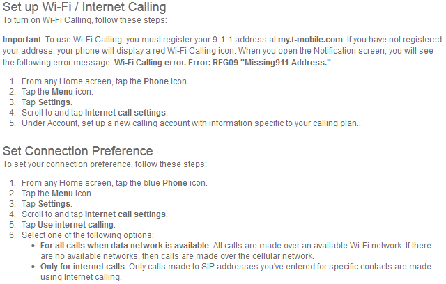 T-Mobile&#039;s support page for the Google Nexus 4 shows how to setup Wi-Fi Calling - Despite disabling the feature, T-Mobile shows you how to setup Wi-Fi Calling on the Google Nexus 4