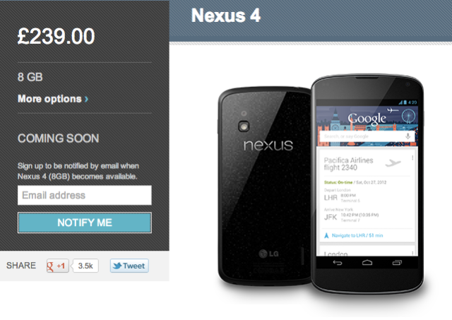 That was quick: Nexus 4 sells out in U.K. Play Store in 30 minutes