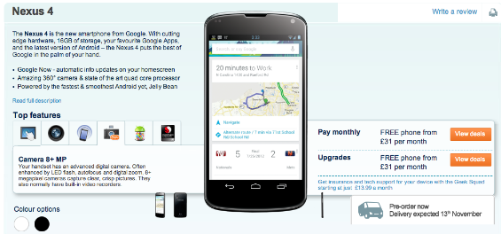 Check out the listing for a white Nexus 4 at the bottom left. - White Nexus 4 appears at U.K. retailer Carphone Warehouse: is it real?