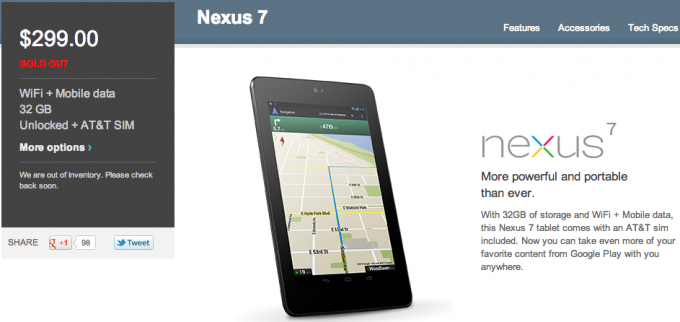 Nexus 7 with cellular data sells out on Google Play as well