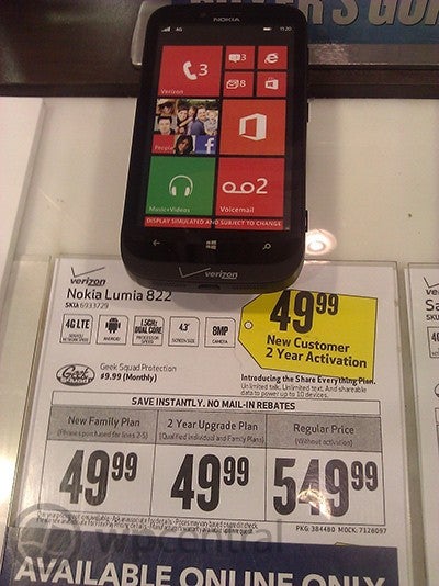 Best Buy has the Nokia Lumia 822 at half Big Red's price - Verizon: HTC 8X and Nokia Lumia 822 in stores; Best Buy offering black Nokia Lumia 822 for $49.99