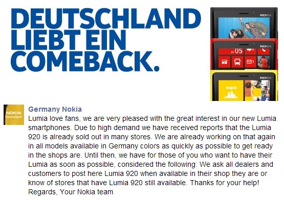 Nokia Germany acknowledges the sell out of the Nokia Lumia 920 - Nokia Lumia 920 sold out in Germany