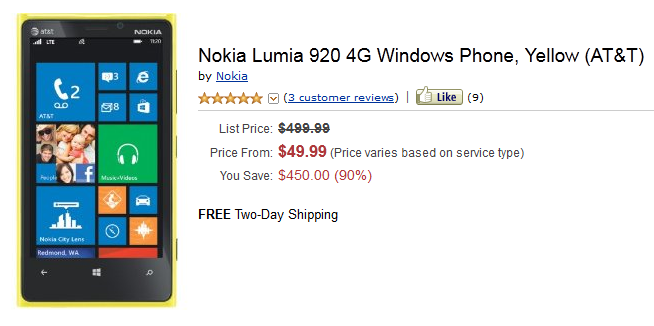 Amazon has the Nokia Lumia 920 for $49.99 on contract - Amazon is selling the Nokia Lumia 920 for $49.99 on contract