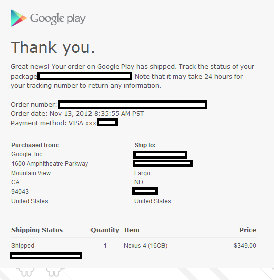 Shipping confirmations show more Google Nexus 4 units are enroute to their final destinations - New shipments of the Google Nexus 4 are on the way