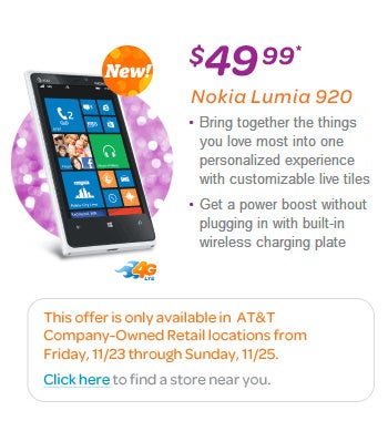 AT&T Nokia Lumia 920 priced at $50 on Black Friday