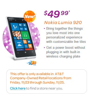 AT&amp;T Nokia Lumia 920 priced at $50 on Black Friday