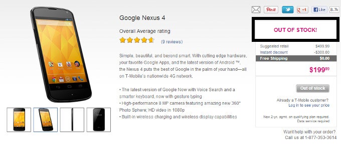 Nexus 4 now sold out at T-Mobile as well