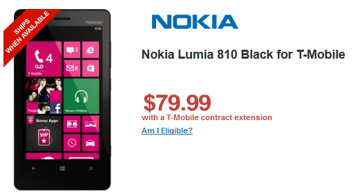 The Nokia Lumia 810 is just $79.95 from Wirefly - Nokia Lumia 810 $99.99 at T-Mobile, $79.99 at Wirefly