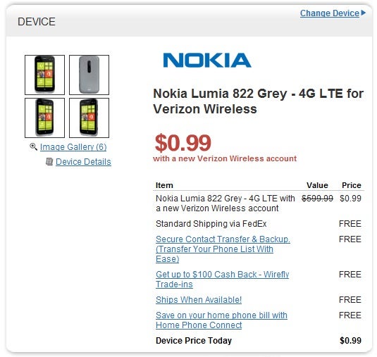 It will be hard to find a better deal for a newly released handset. - Wirefly peddling Verizon’s Nokia Lumia 822 for only $0.99