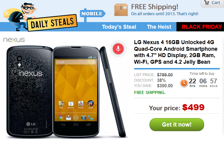 The 16GB Google Nexus 4 is in stock at Daily Steals - Daily Steals has 16GB Google Nexus 4 for $499