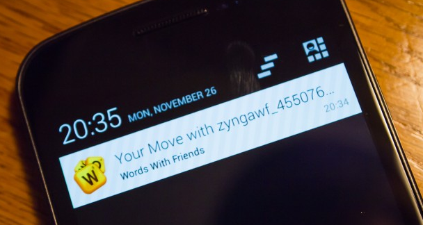 The updated notification banner on Words With Friends - Zynga adds new social features to Android version of Words With Friends