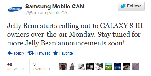 Samsung tweets the good news - Canadian Samsung Galaxy S III owners to get Jelly Beaned on December 3rd