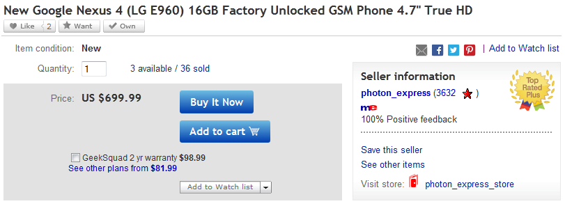 The 16GB Google Nexus 4 can be yours for $699.99 on eBay - Google Nexus 4 sellers face restrictions on eBay