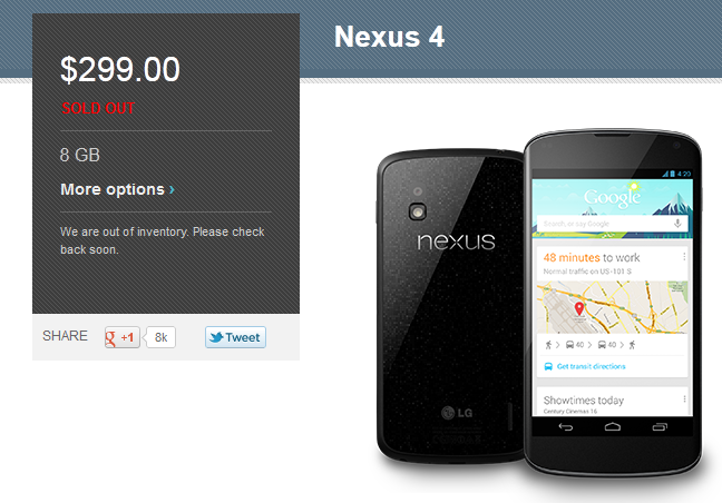 The 8GB Google Nexus 4 is once again sold out - 8GB Google Nexus 4 out of stock once again