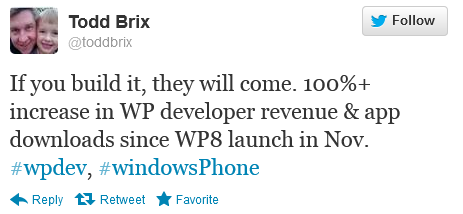 Todd Brix tweets the exciting news about Windows Phone apps - After Windows Phone 8 launch, Microsoft says app downloads and developer revenue have doubled