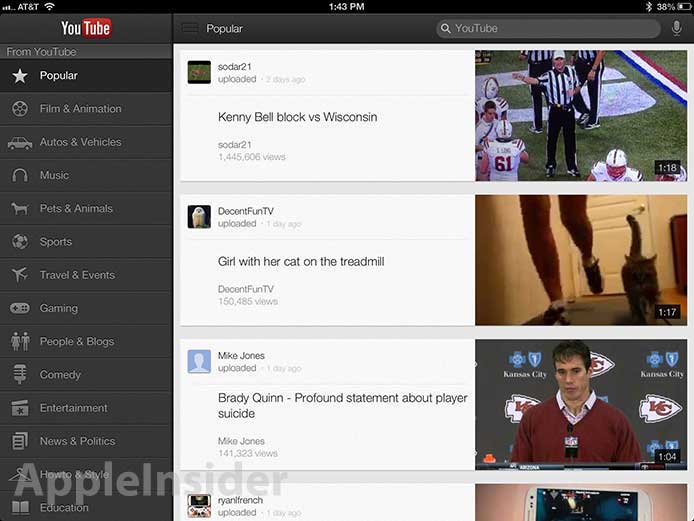 The new YouTube app for iOS (L), a video playing on the Apple iPad (R) - Google introduces YouTube app made for the Apple iPhone 5 and Apple iPad