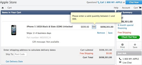 The online Apple Store allows you to add 999 unlocked Apple iPhone 5 units to your cart - Go hog wild: Apple raises limits on buying unlocked Apple iPhone 5 units