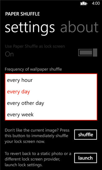 Paper Shuffle for Windows Phone 8 rotates lockscreen wallpapers of your choosing