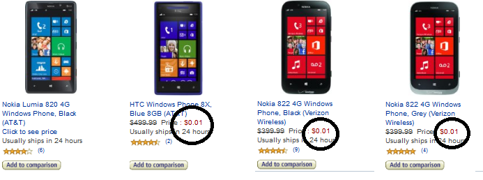 Buy any of these models for just 1 cent - AT&T HTC 8X, Nokia Lumia 820 and Verizon Nokia Lumia 822 offered for 1 cent at Amazon