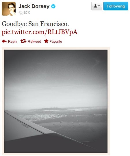 Dorsey&#039;s most recent picture as he departed San Francisco this morning. - Twitter to introduce picture filters before the holidays?