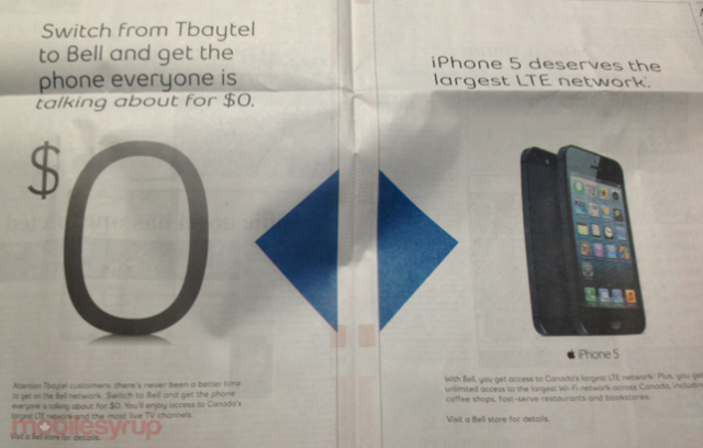 Bell's two ads targeting Tbaytel customers - Canadian carrier Bell offers free Apple iPhone 5 for those who switch from MTS