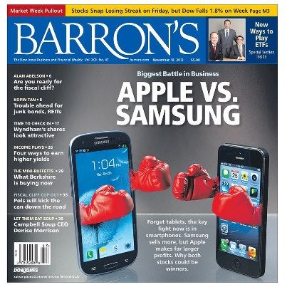 A recent Barron's cover story said Apple's shares are cheaper than Samsung's equity - Apple is Barron's best stock idea for 2013