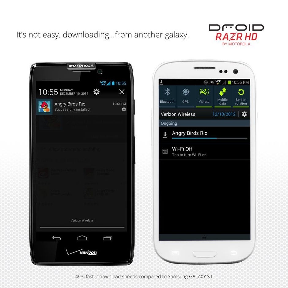 The Motorola DROID RAZR HD downloads faster says the ad - Motorola aims at Samsung in new ad