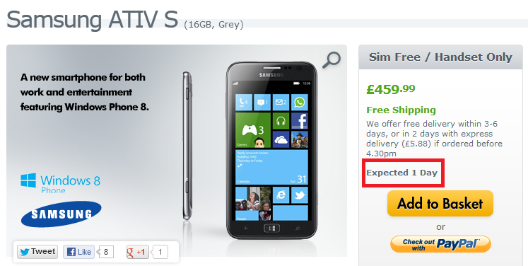 Expansys will ship out the Samsung ATIV S on Friday - Samsung ATIV S to launch December 13th-14th in U.K. and Canada