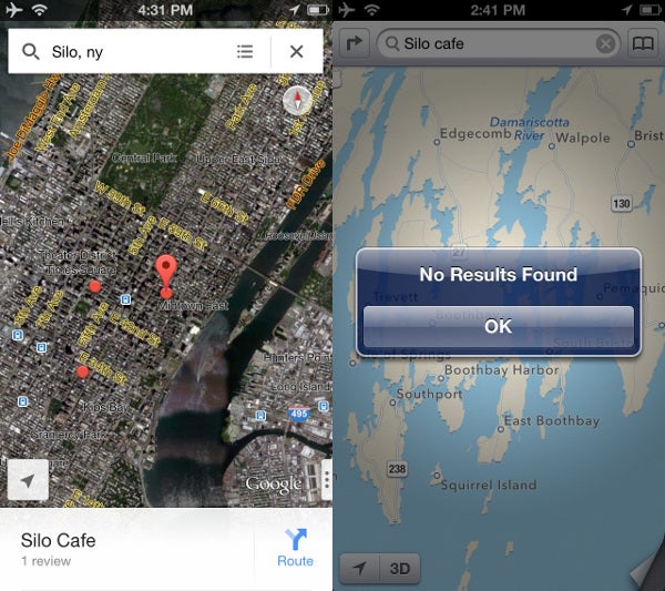 Apple Maps search does not work as well as the one on Google Maps (Google Maps is on the left, Apple Maps - on the right) - Google Maps vs Apple Maps comparison