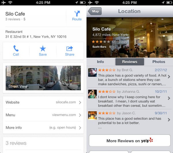 Apple Maps integrates Yelp which is a treasure for the United States - Google Maps vs Apple Maps comparison
