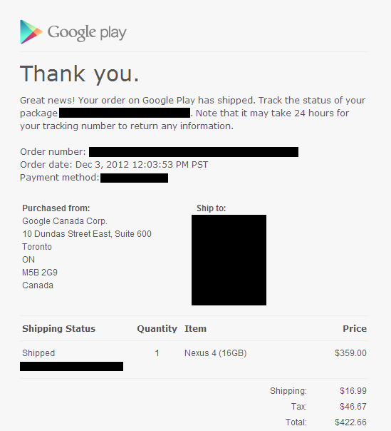 Some Canadians got word that their Google Nexus 4 is shipping - Some lucky Canadians get notification that their Google Nexus 4 is en route