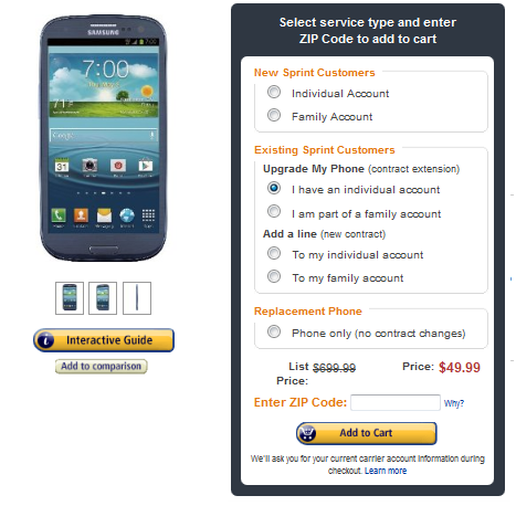 Get the Sprint version of the Samsung Galaxy S III for 1 cent - Two deals from Amazon: 1 cent Sprint Samsung Galaxy S III and $39 AT&amp;T Nokia Lumia 920